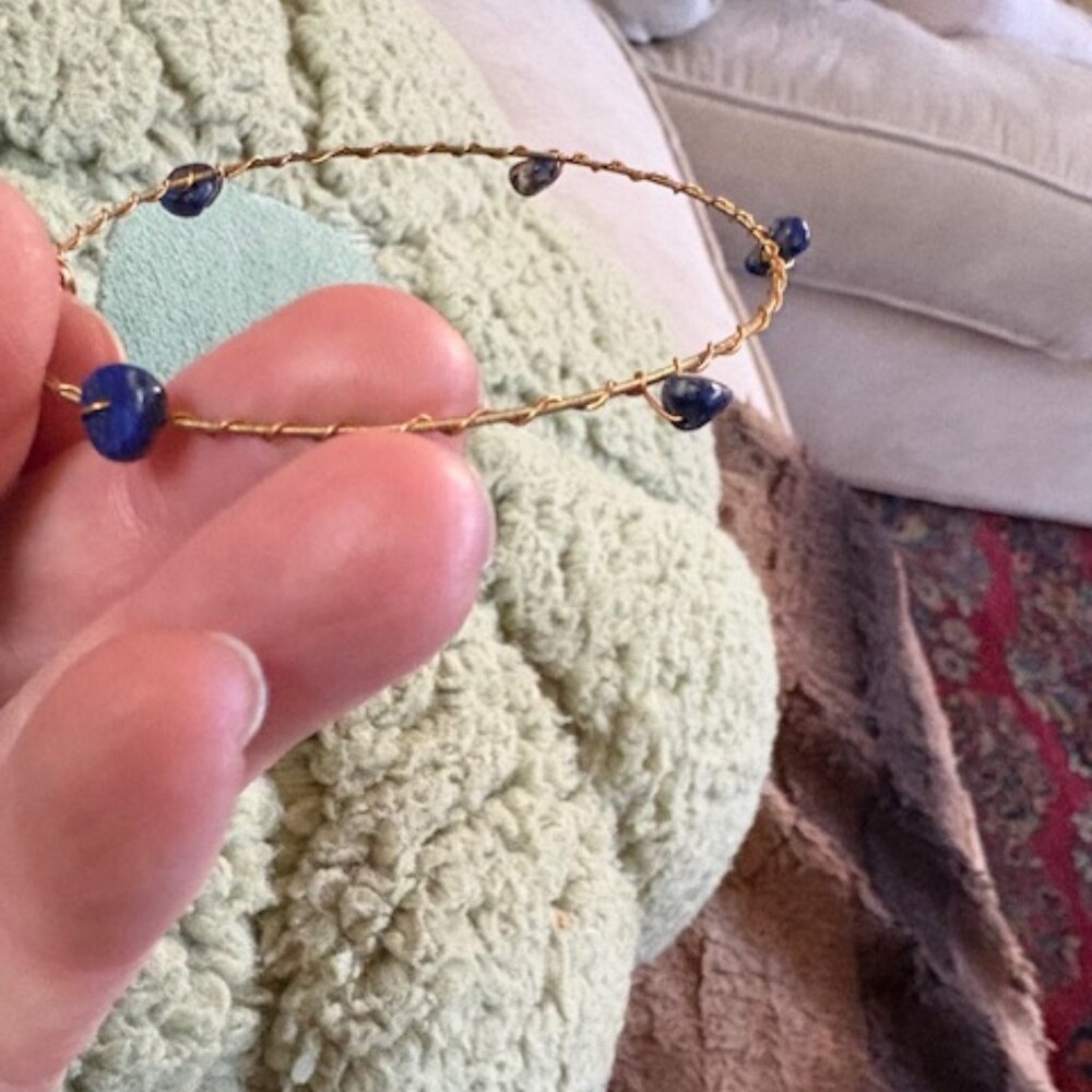 Delicate Lapis Chip Station Copper Wire Coiled Twisted Bangle Bracelet
